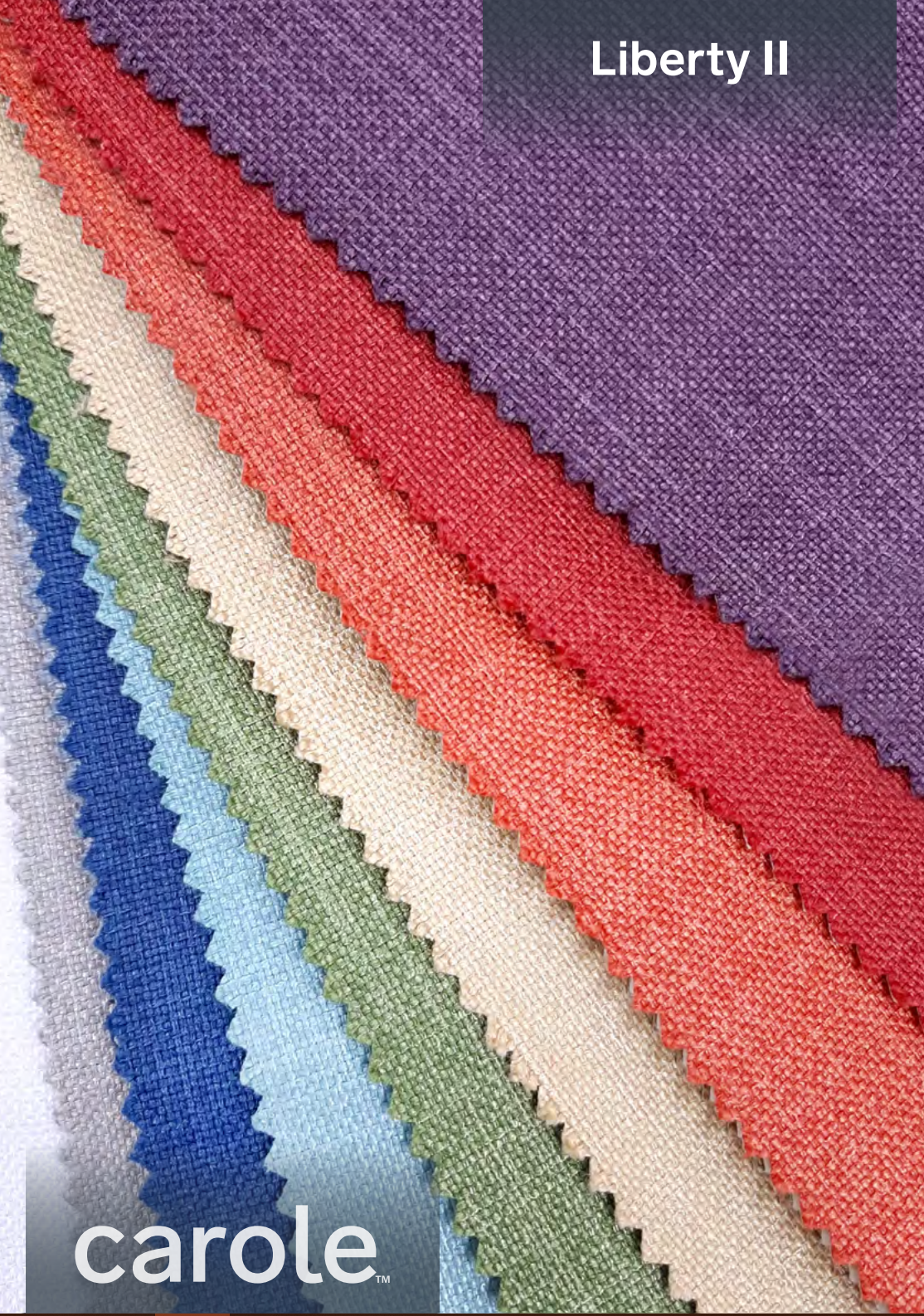 Fabric swatches in various colors, including purple, red, and blue, with
