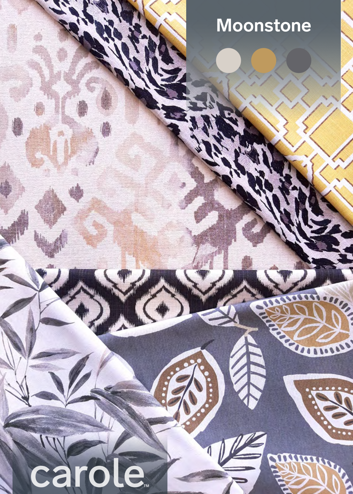 Close-up of fabric samples in various patterns, including floral and geometric, with the color palette labeled