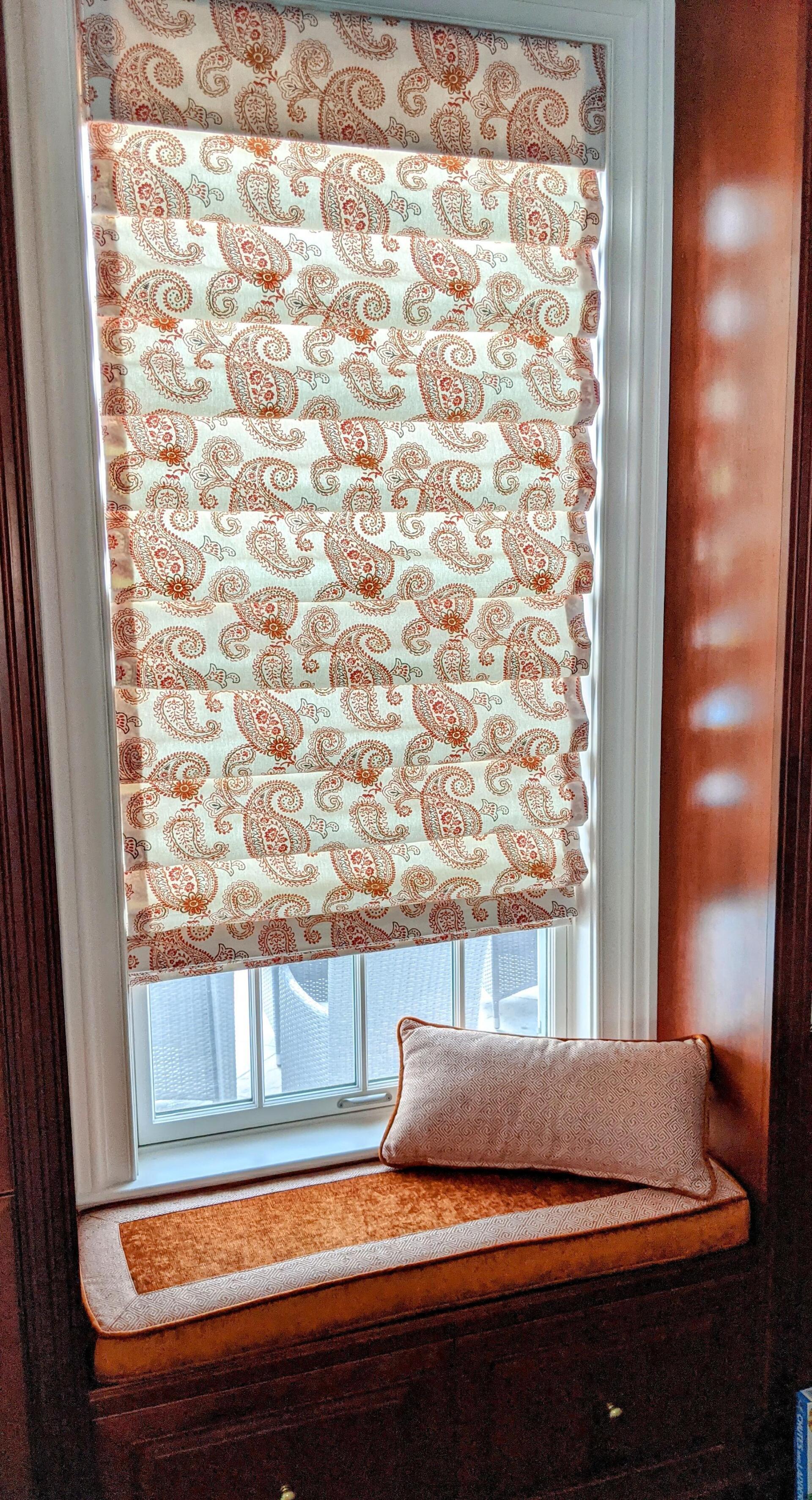 Roman Shade, Window Seat Cushion, and Pillow