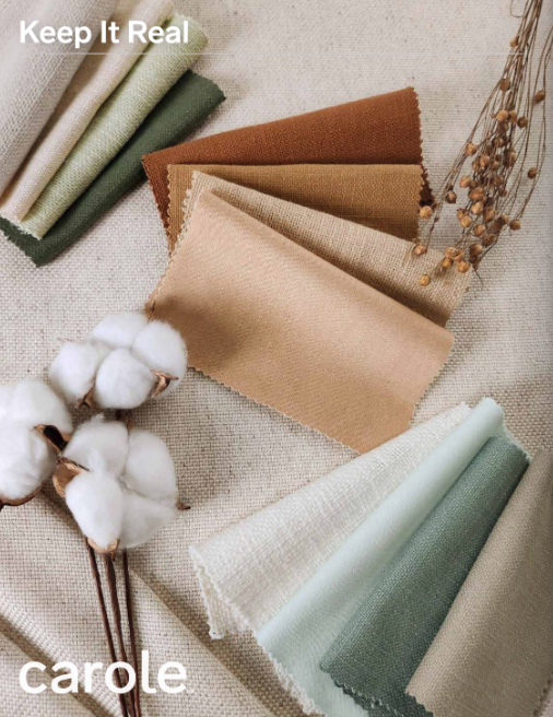 Samples of various colored fabrics, cotton sprigs, with 