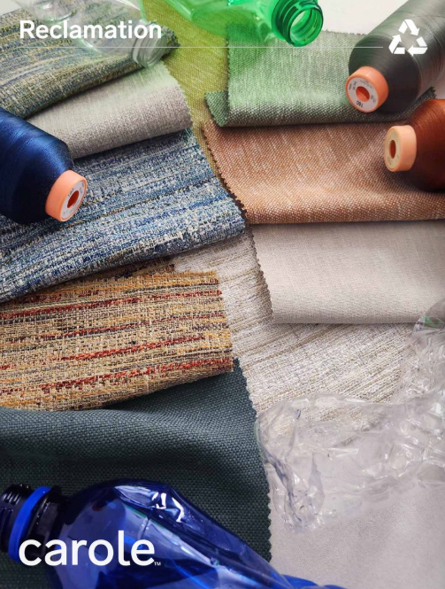 Fabrics and spools of thread arranged with plastic bottles, 