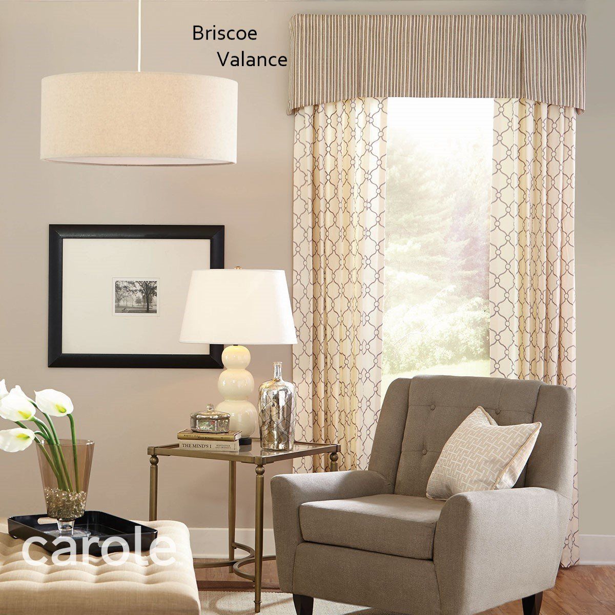 Living room with a beige chair, patterned curtains, and a framed picture.