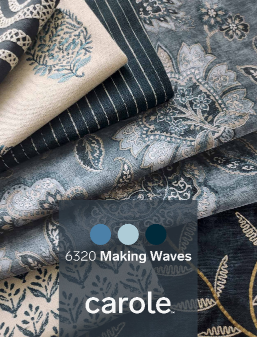 Fabric swatches in blue and cream with floral and stripe patterns. 