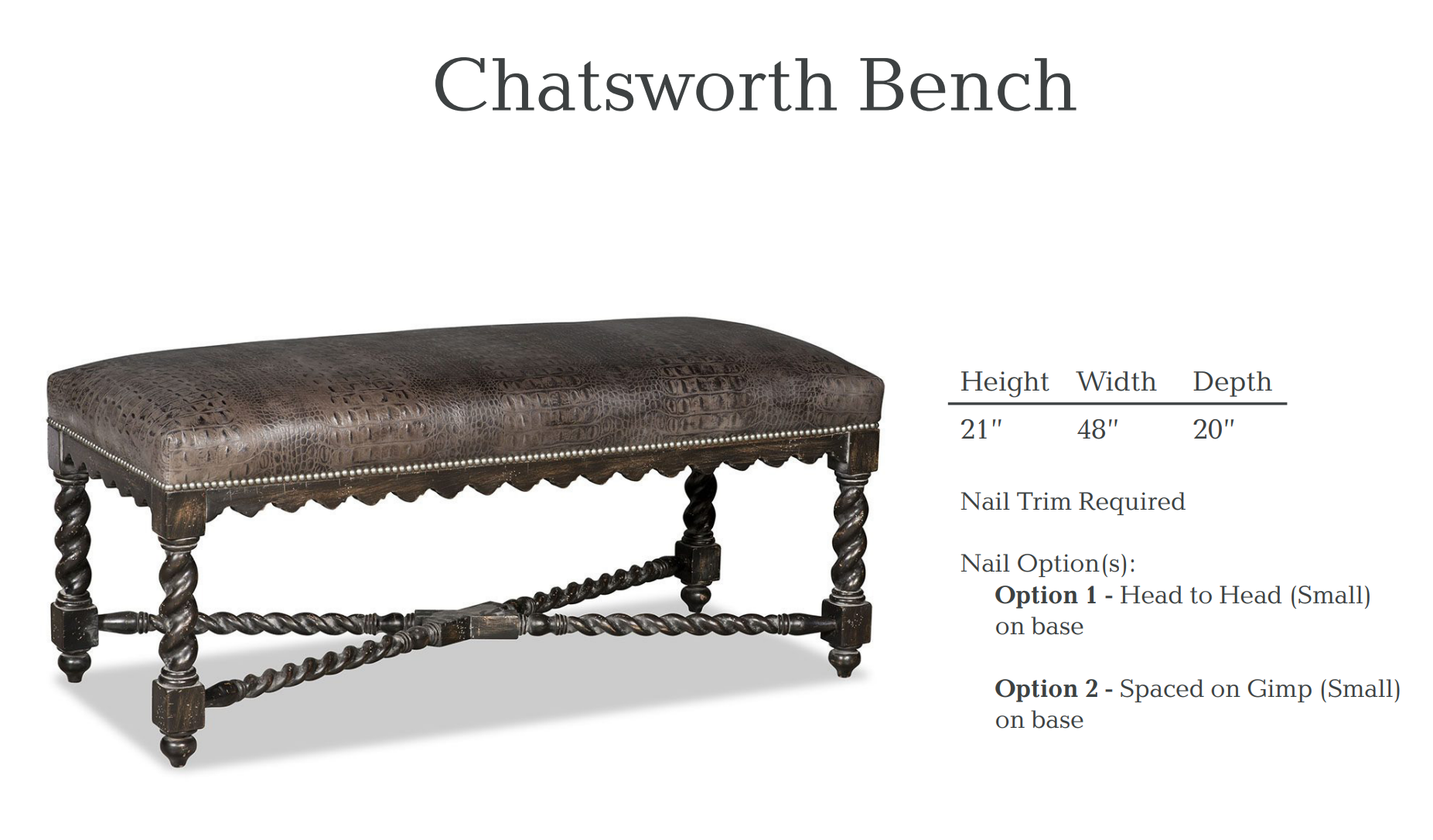 Chatsworth bench with dark, patterned upholstery and ornate, twisted legs. Dimensions: 21