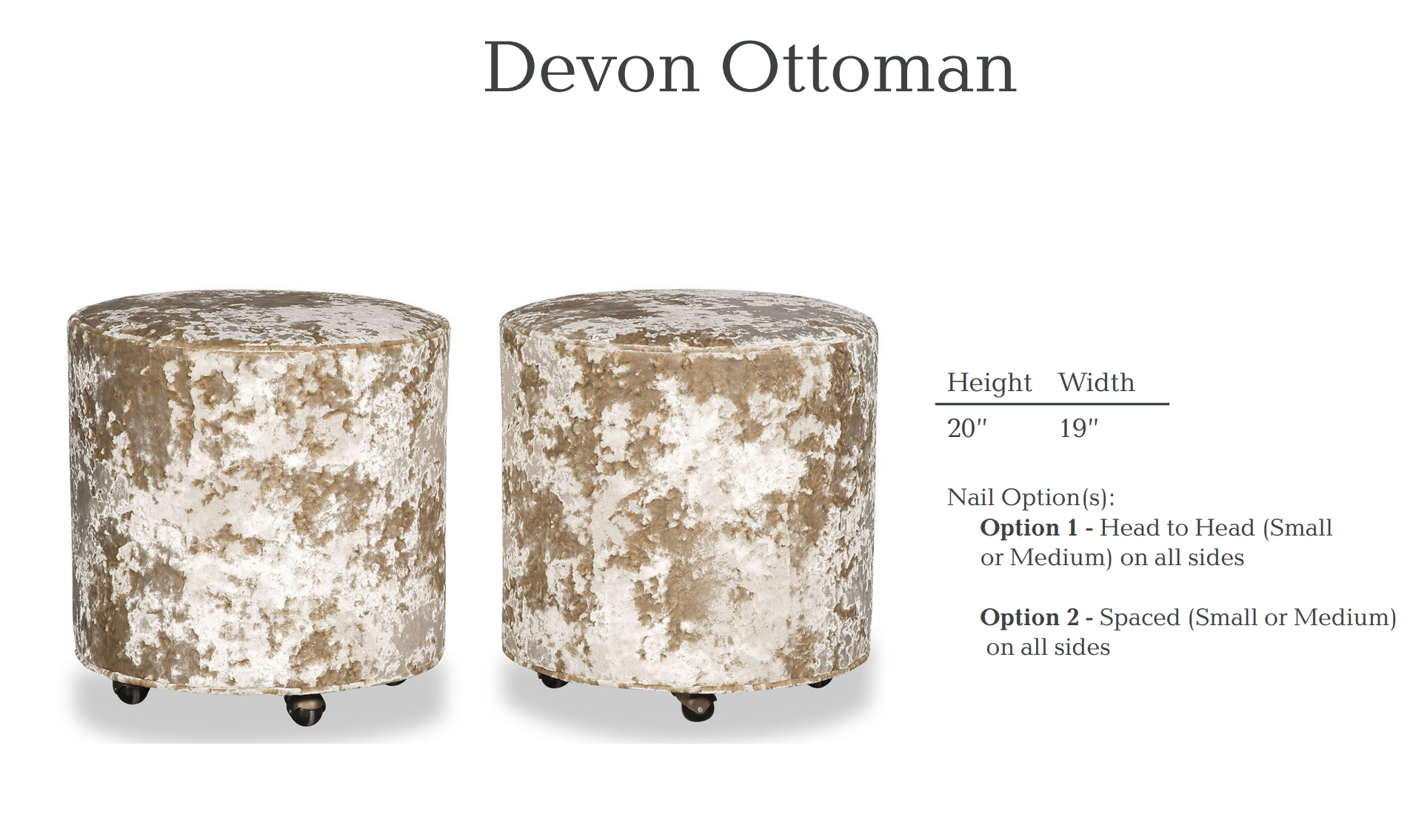 Two Devon ottomans with distressed gold/white fabric and casters. Text: