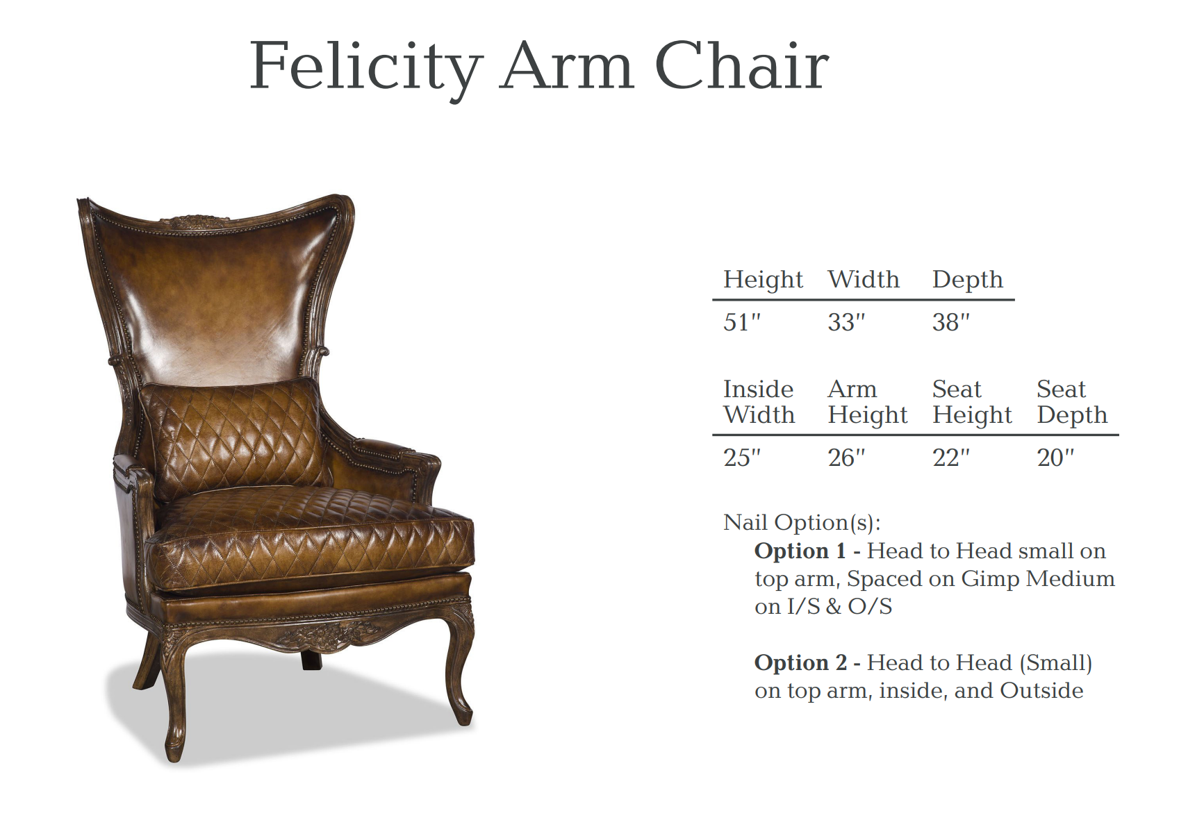 Leather armchair with dimensions, and option details on a white background.