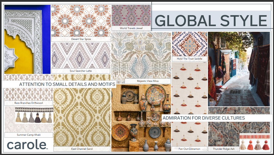 Mood board: Global Style inspiration with textiles, architecture and textures in warm colors.