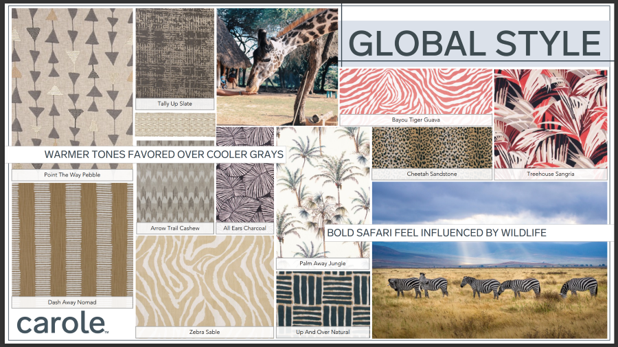 A collage showcasing global style with patterns, animal prints, and wildlife scenery, featuring neutral and red tones.