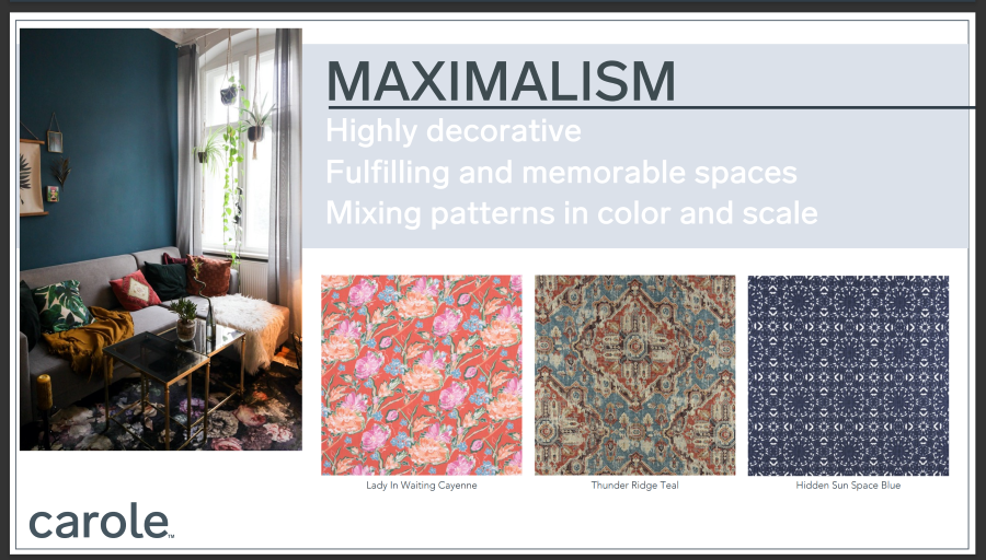 Slide about Maximalism decor with an interior design photo and pattern examples.