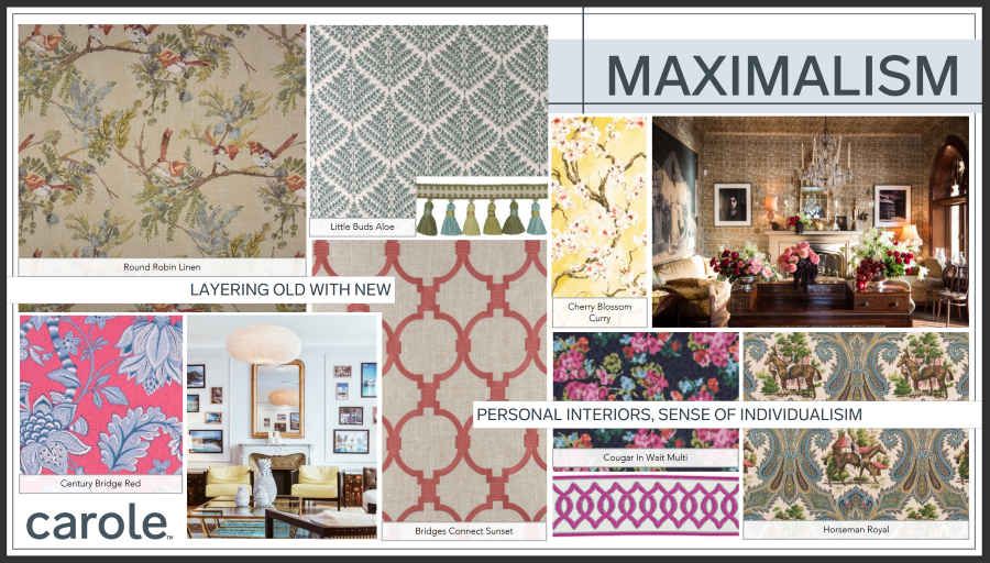 Mood board, showcasing Maximalism design style. Floral patterns, layered textures, and bold colors.