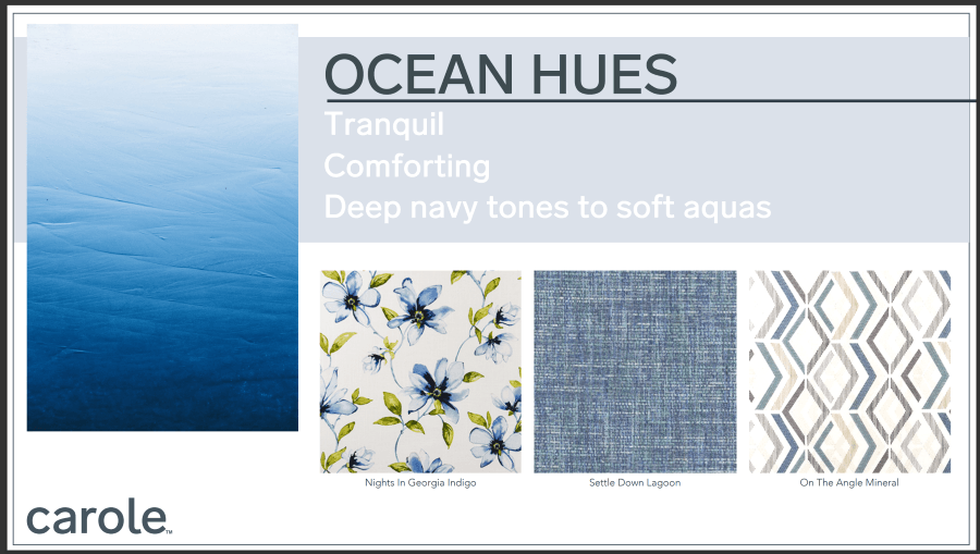Ocean hues color palette: blue gradient, floral fabric, woven fabric, and diamond pattern.