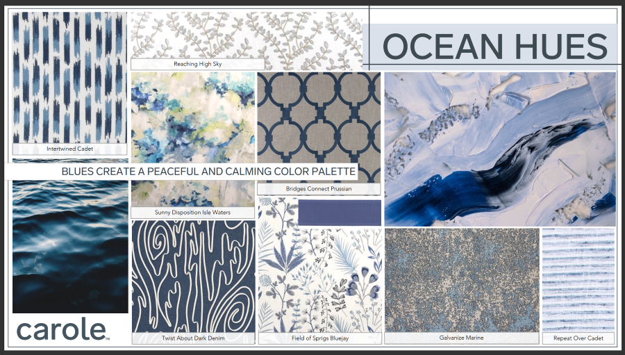 Ocean hues color palette with fabric swatches in blue, gray, and white.
