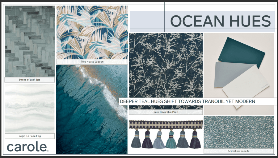 Mood board: Ocean hues with teal, blue, and neutral tones for modern design.