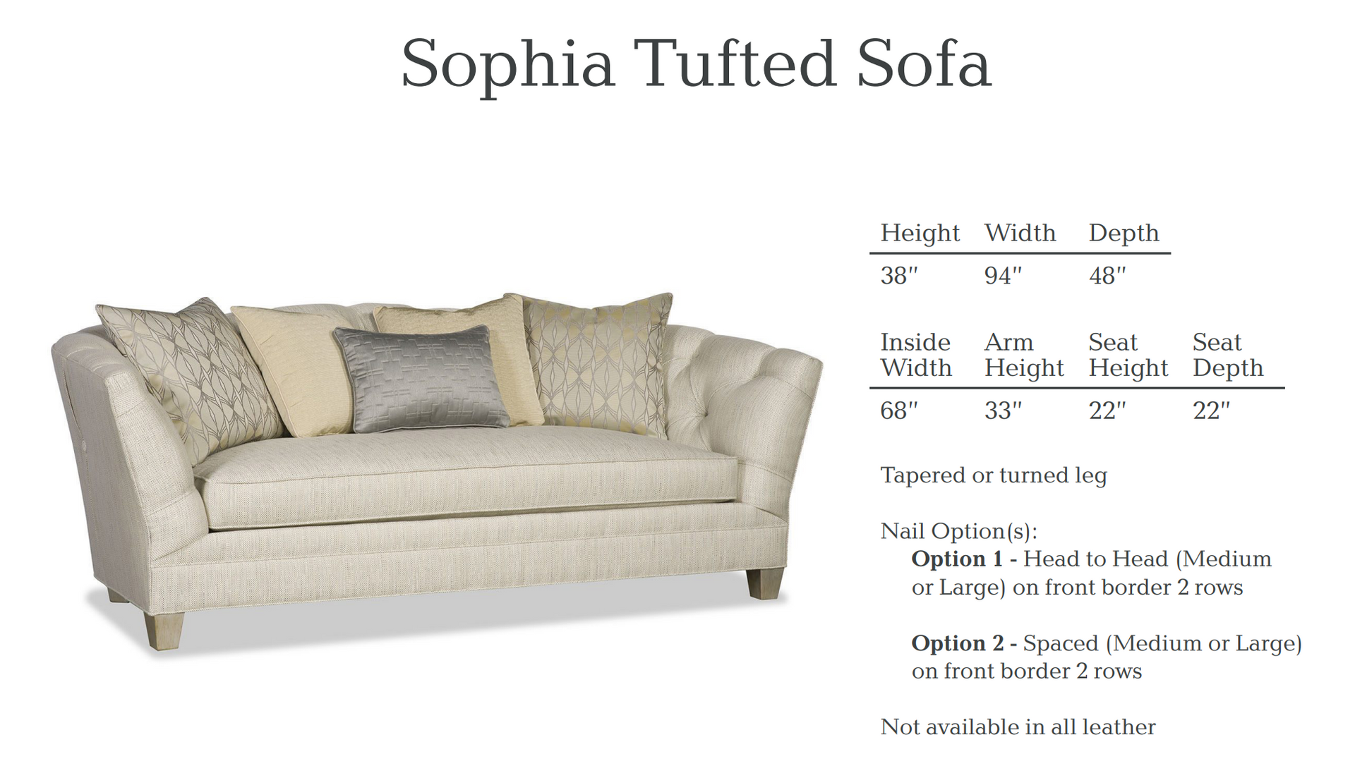 Sophia Tufted Sofa, cream fabric with pillows, dimensions, and leg style options.