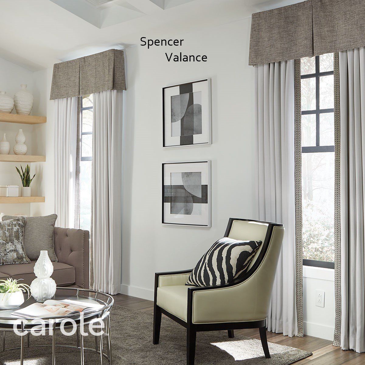 Living room with light gray curtains, Spencer valance, and neutral decor.