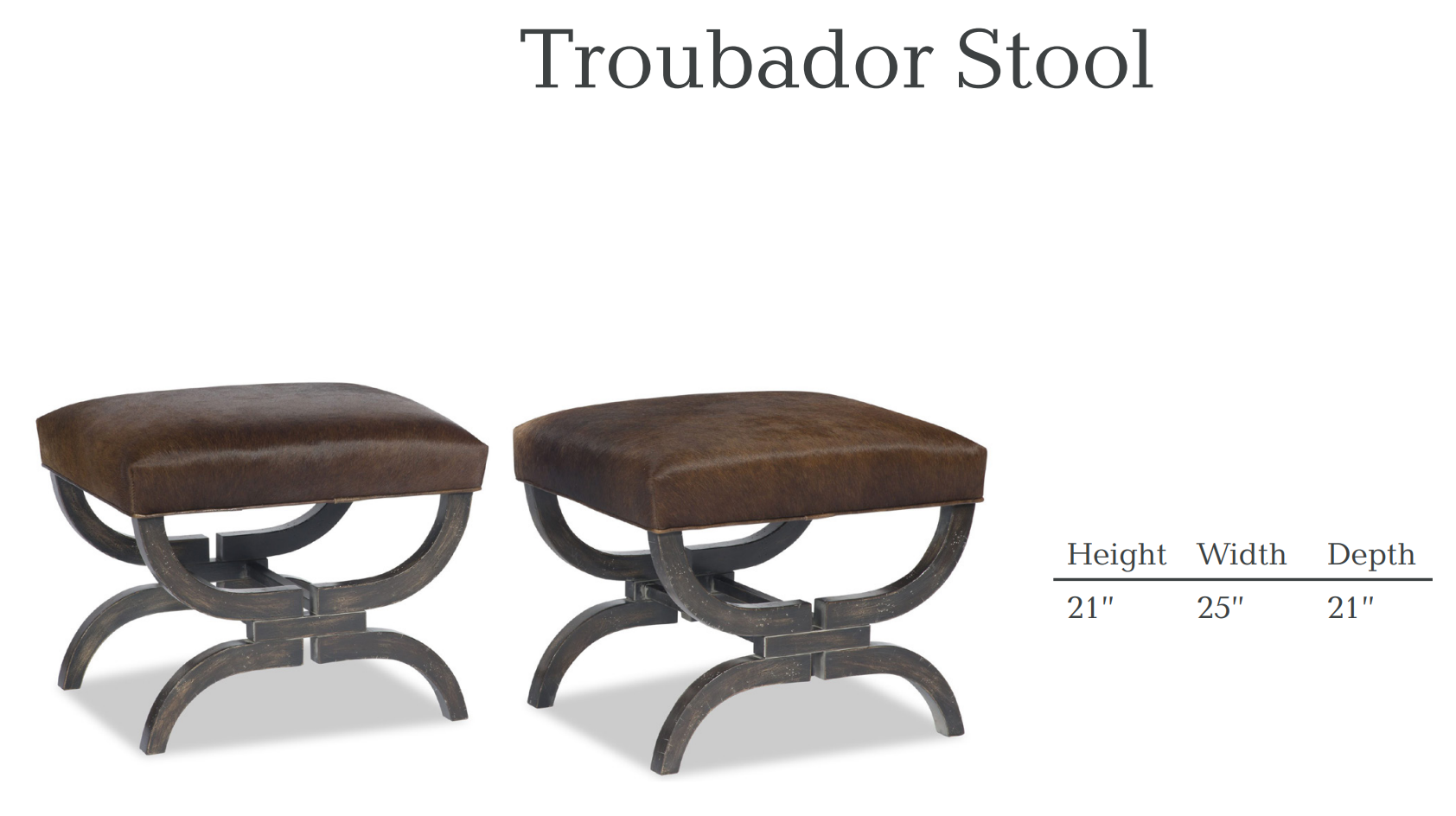 Two brown Troubador stools with square, upholstered seats and curved, textured legs. Dimensions are shown.