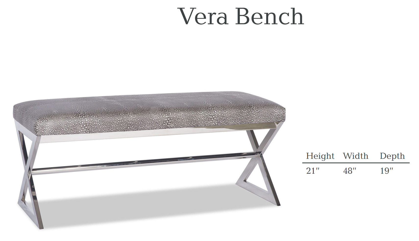 Vera Bench with silver metal frame and patterned gray cushion; dimensions: 21
