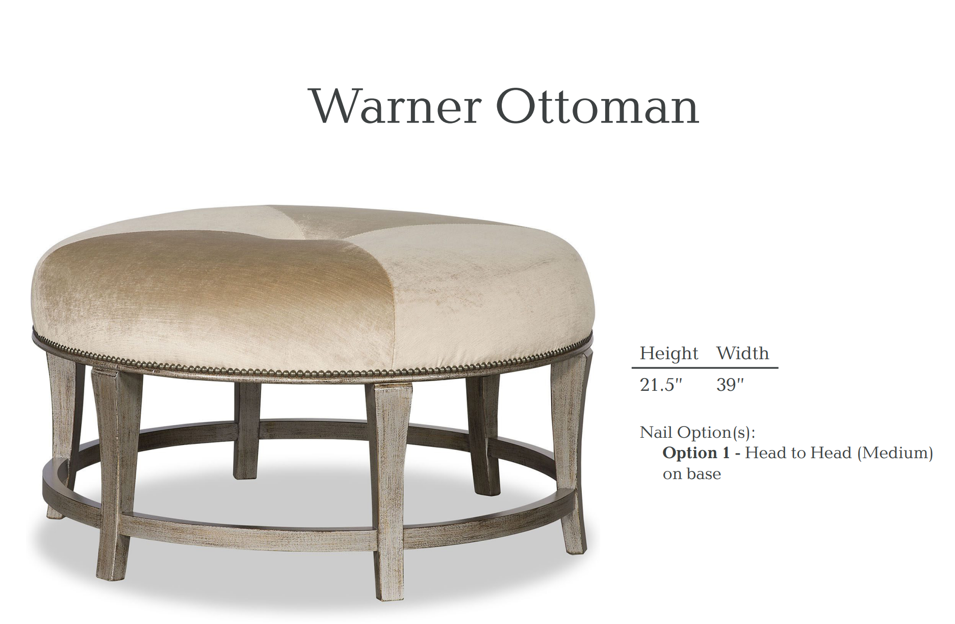Warner Ottoman, round upholstered ottoman with a light wood frame.