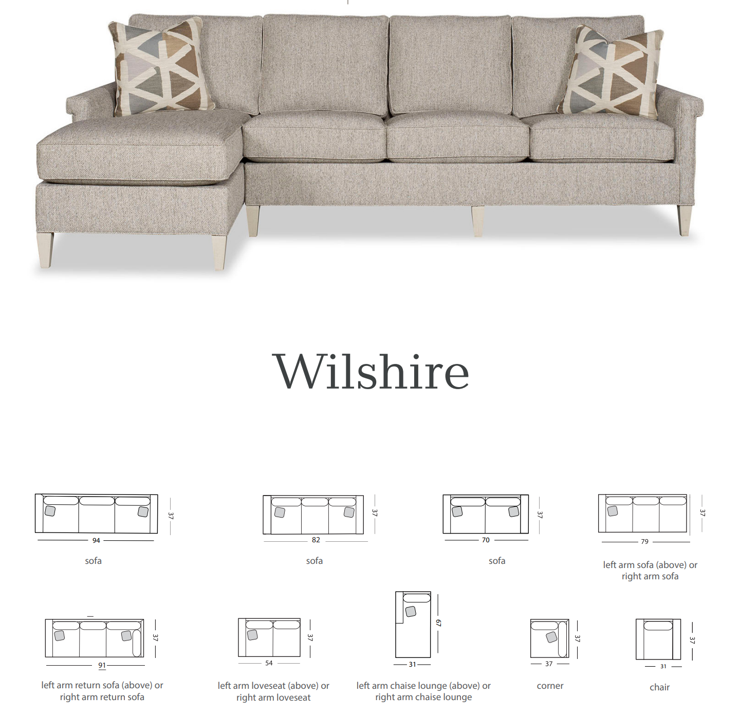 A Wilshire sectional sofa with patterned fabric and two decorative pillows. Dimensions are provided.