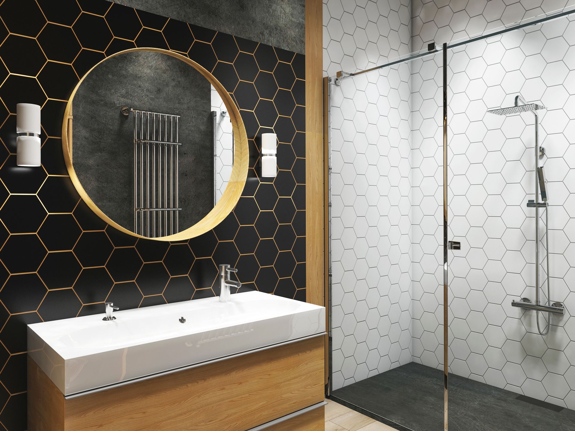 Modern bathroom with black hexagonal tiles, gold-framed mirror, wooden vanity, and glass shower