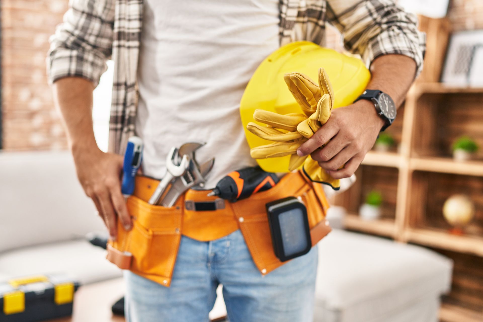 Construction worker holding a hard hat and gloves, wearing a tool belt with tools, in a home interior