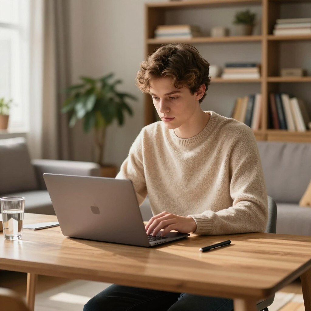 Una persona con un suéter beige trabaja en una computadora portátil