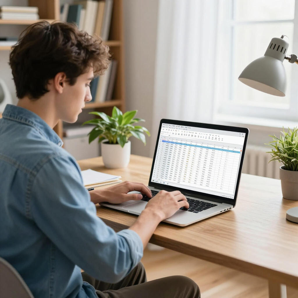 Una persona trabajando en un escritorio con una computadora portátil que muestra una hoja de cálculo 