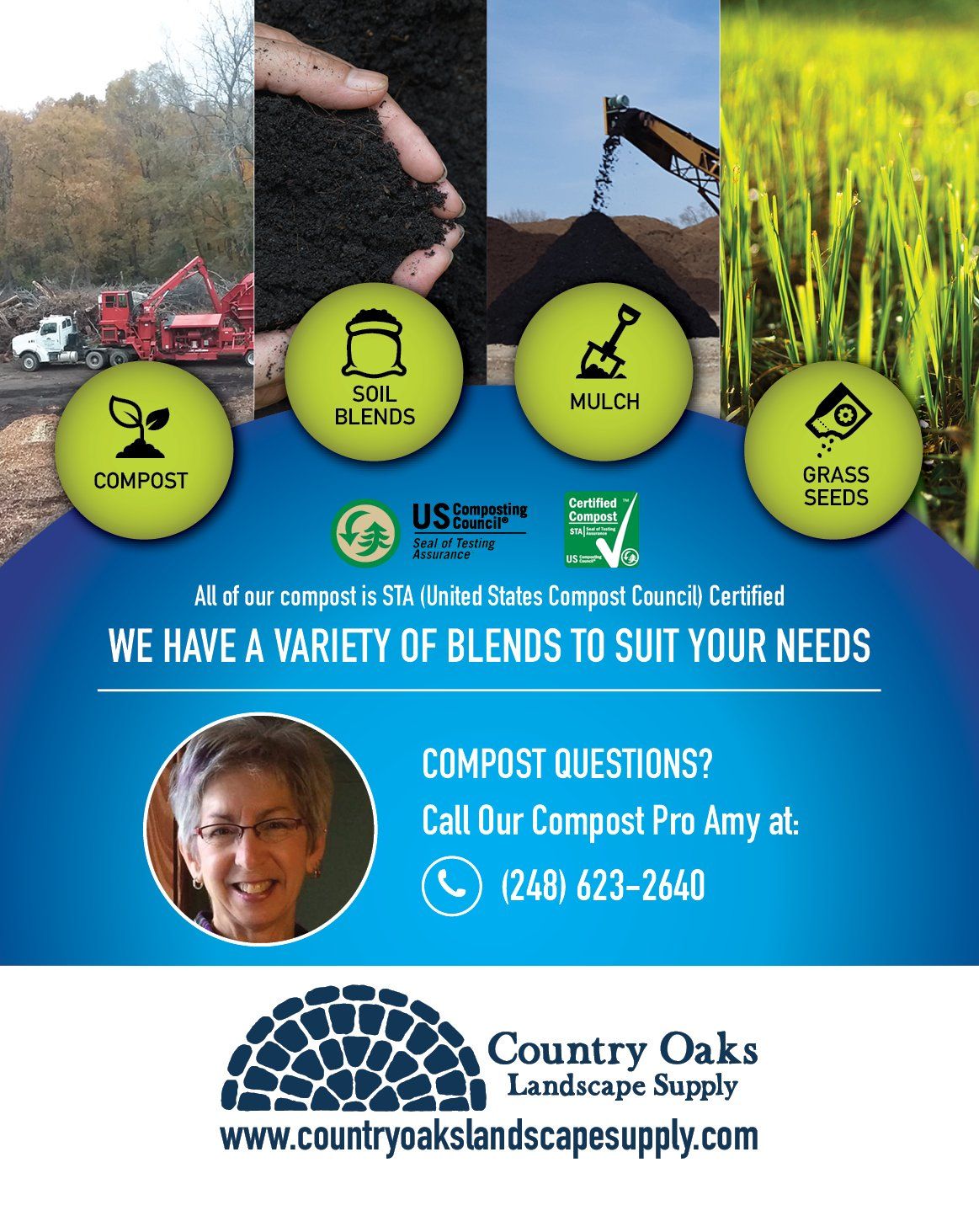 An advertisement for country oaks landscape supply shows a variety of blends to suit your needs