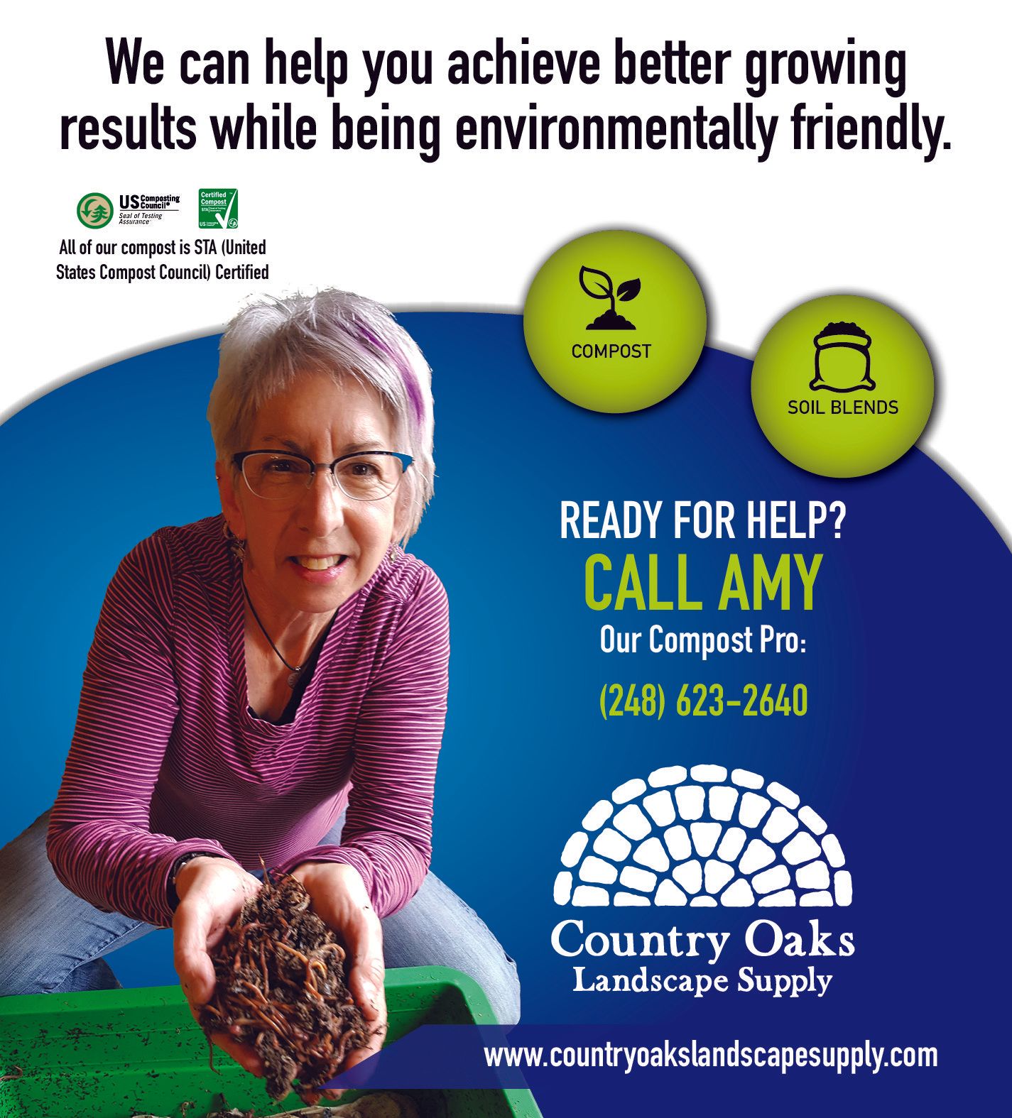 An advertisement for country oaks landscape supply shows a woman holding a pile of dirt