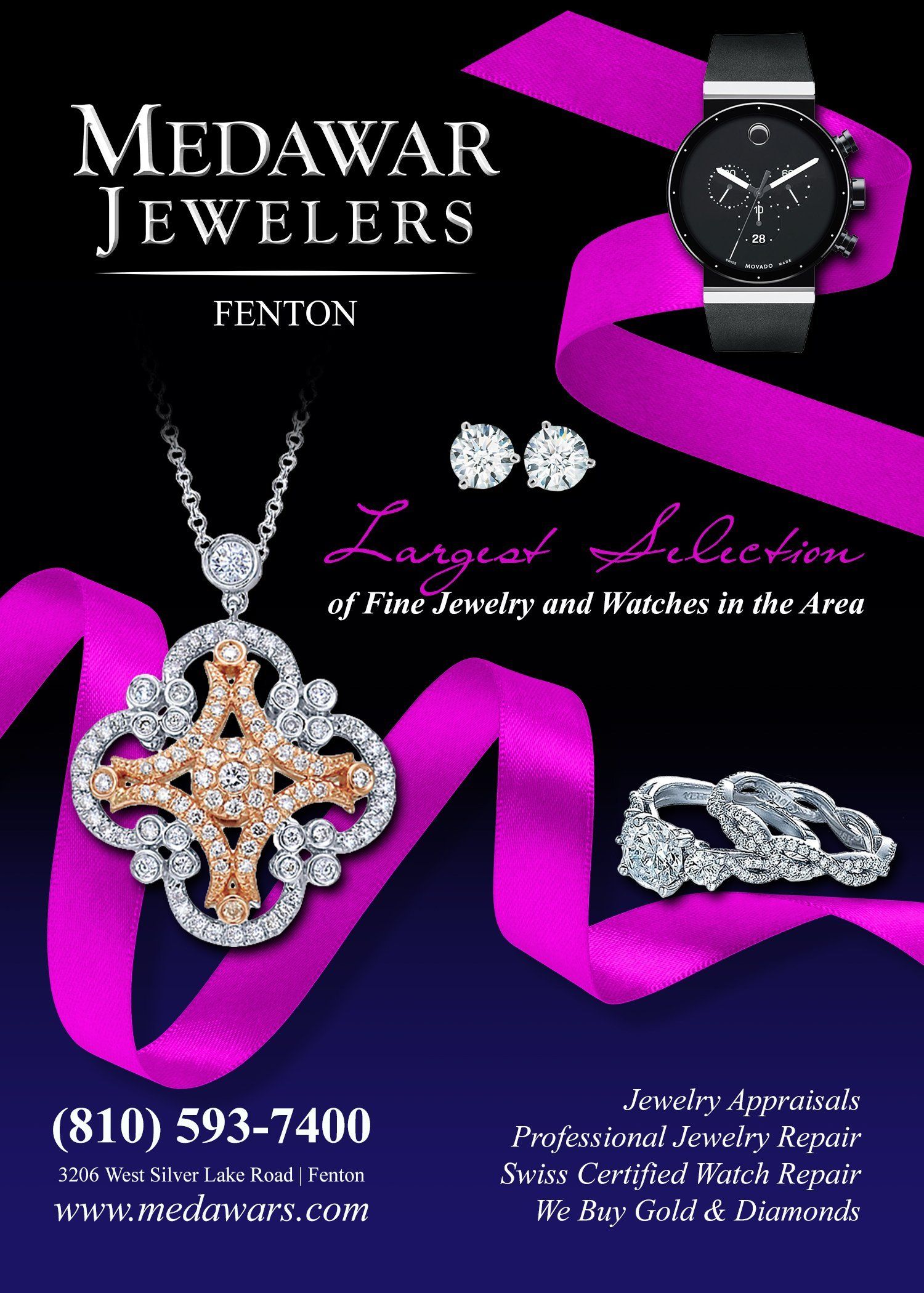 An advertisement for medawar jewelers shows a necklace earrings and a watch