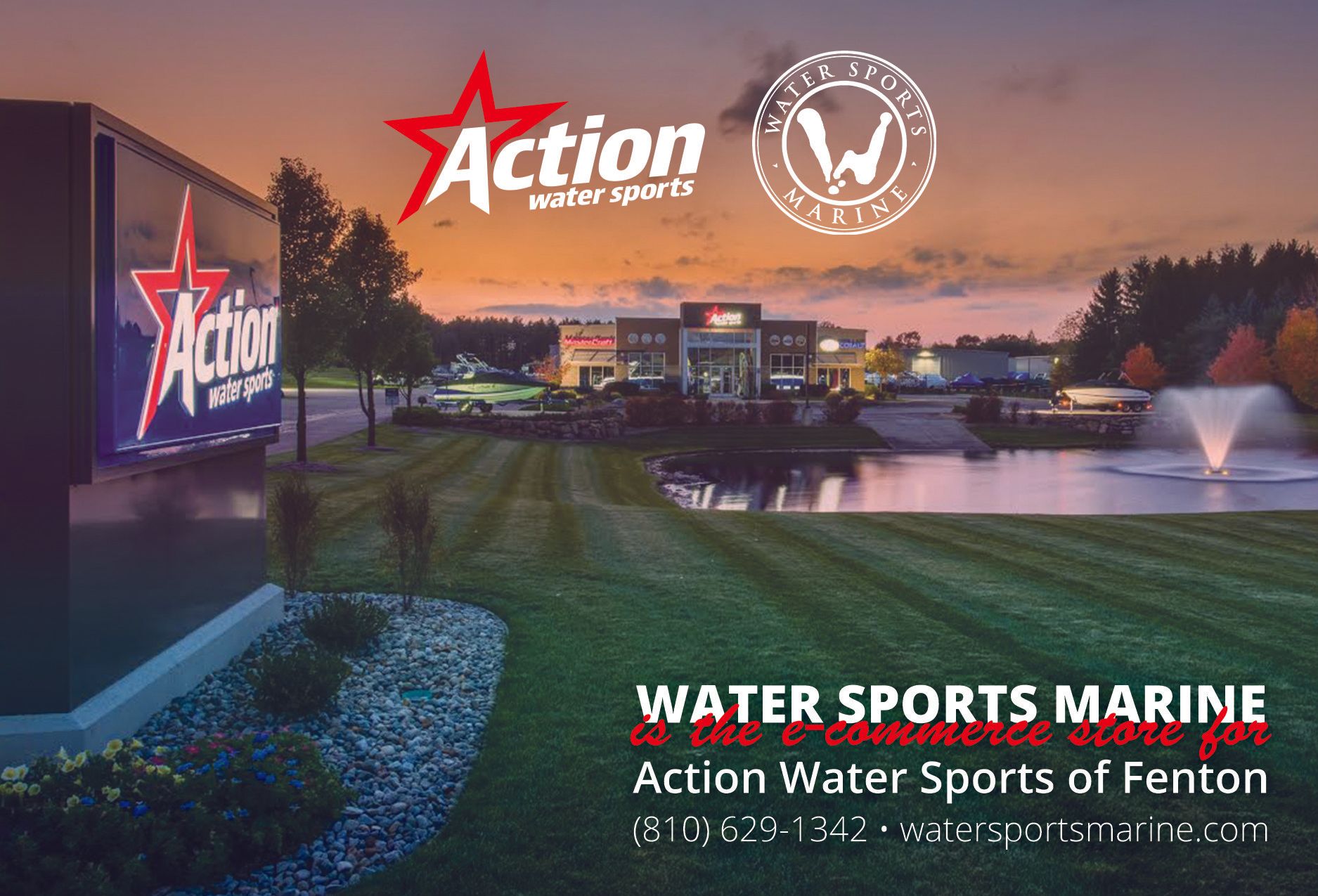 An advertisement for action water sports marine in fenton
