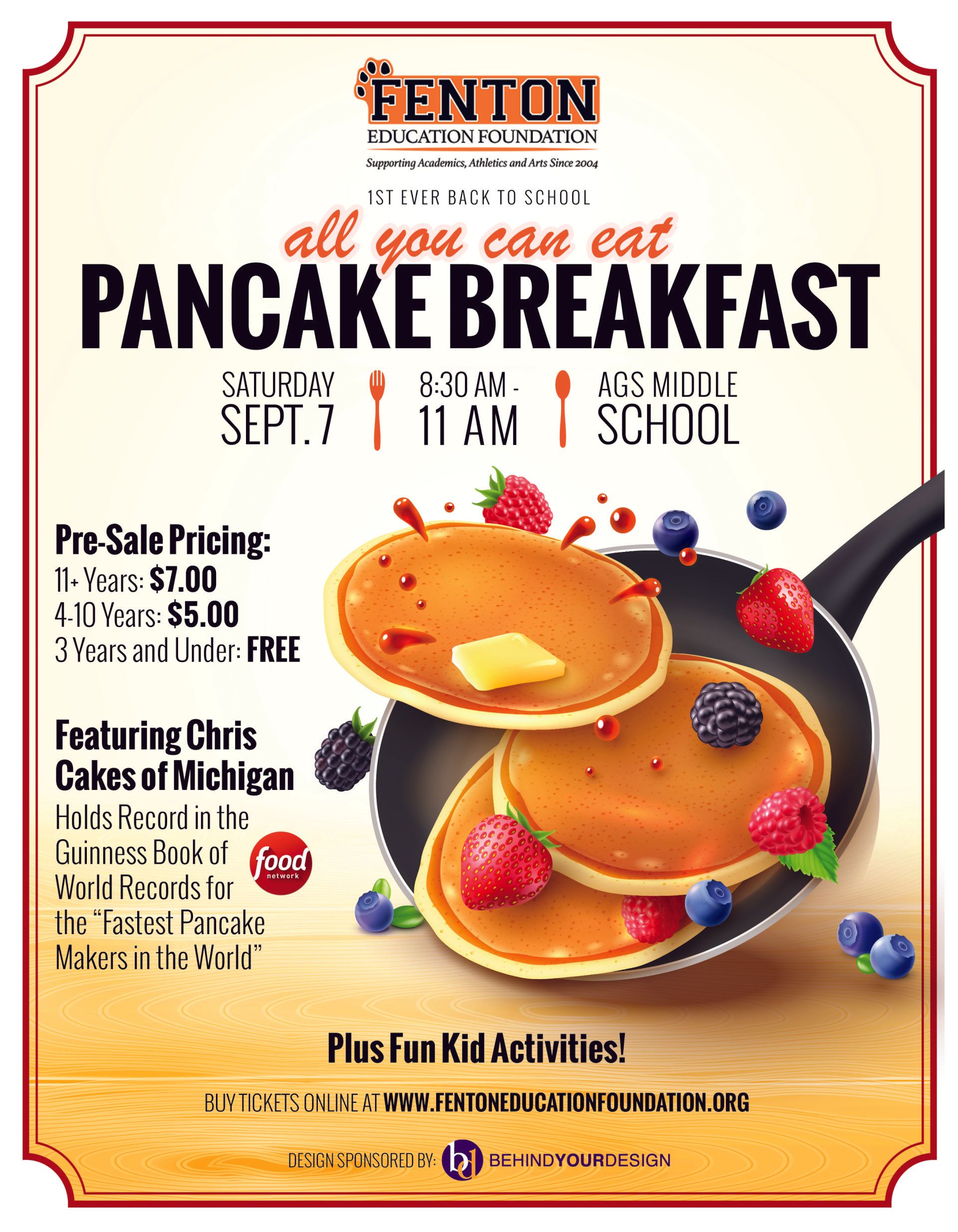 A poster for a pancake breakfast with pancakes and berries on it.