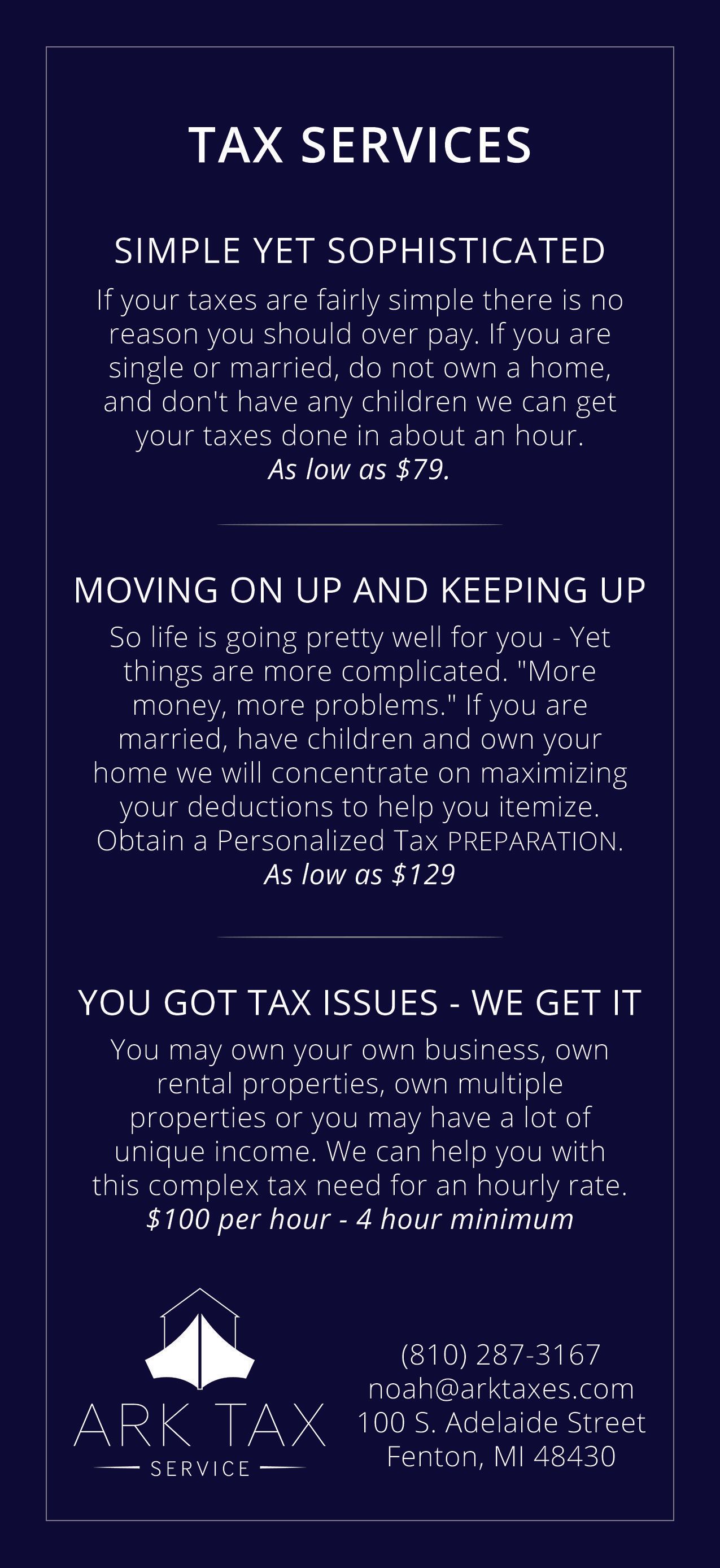 A blue background with white text that says tax services