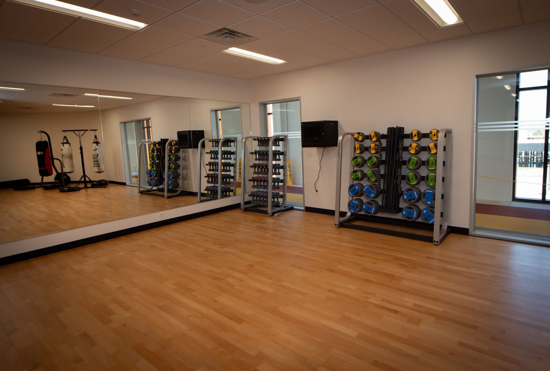 There is a large mirror in the middle of the room.