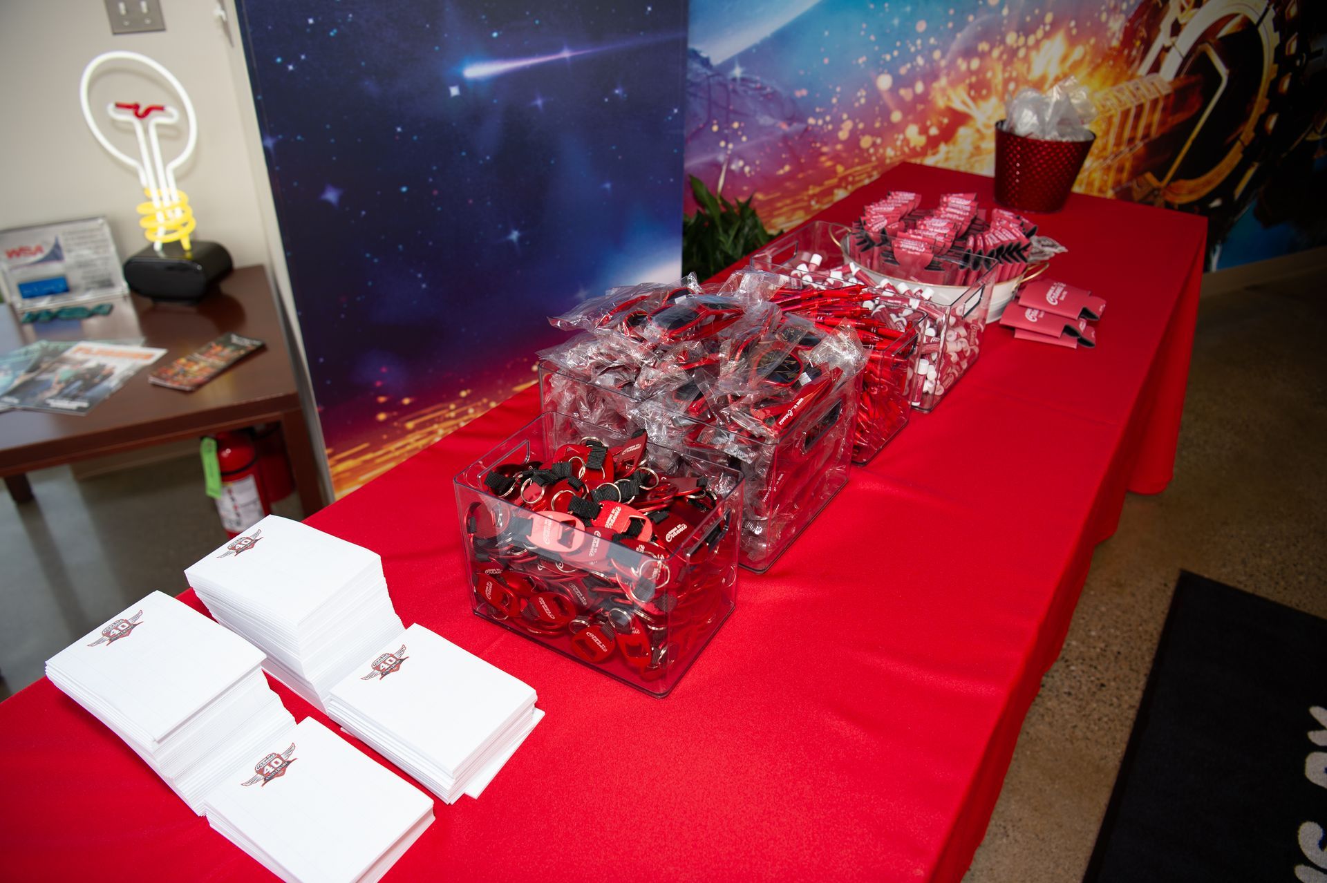 A blue sign that says welcome check in table