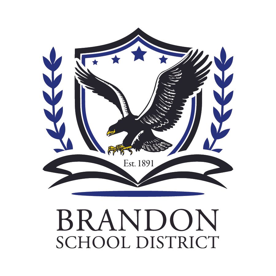 The brandon school district logo is a shield with an eagle on it.