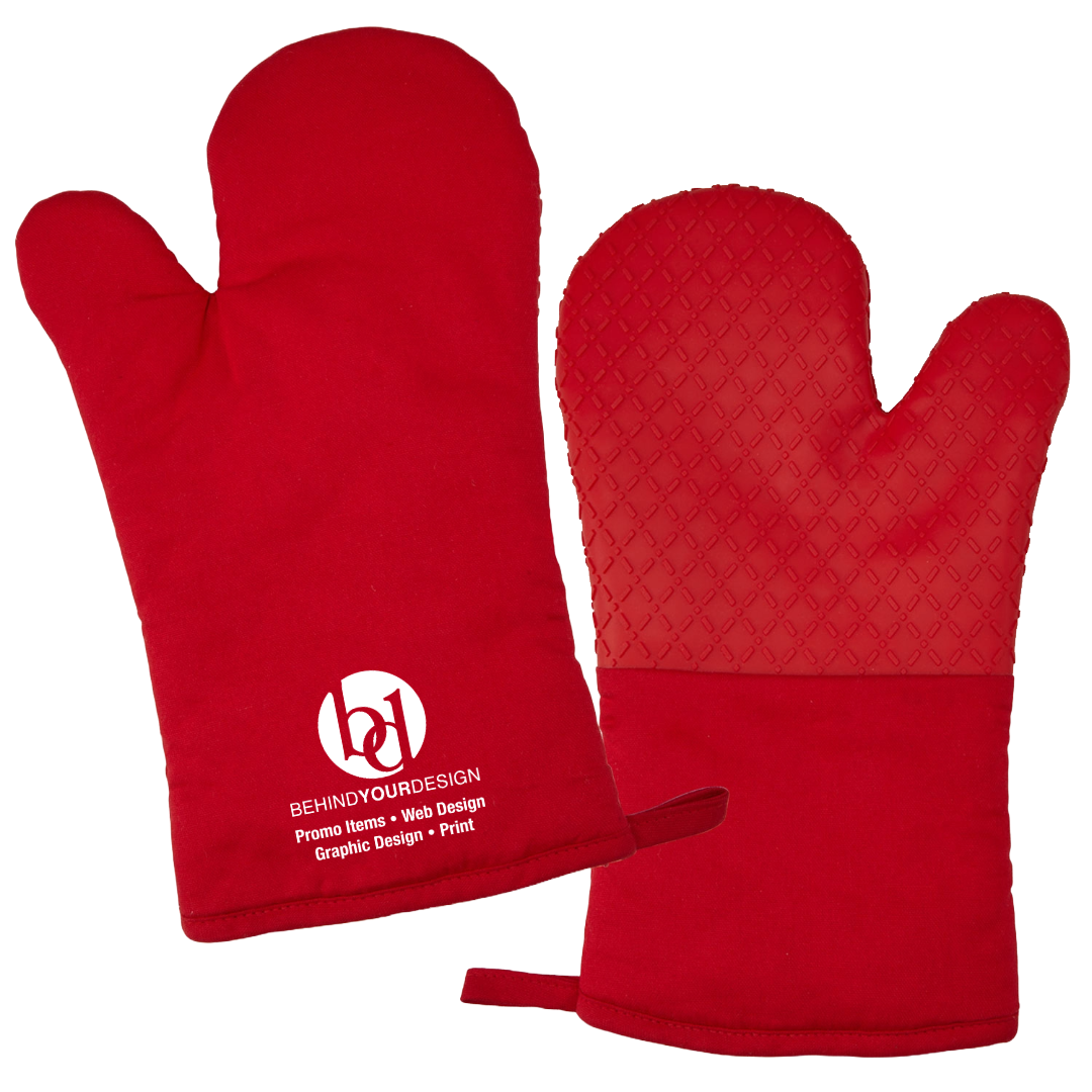 A pair of red oven mitts with the letter b on them