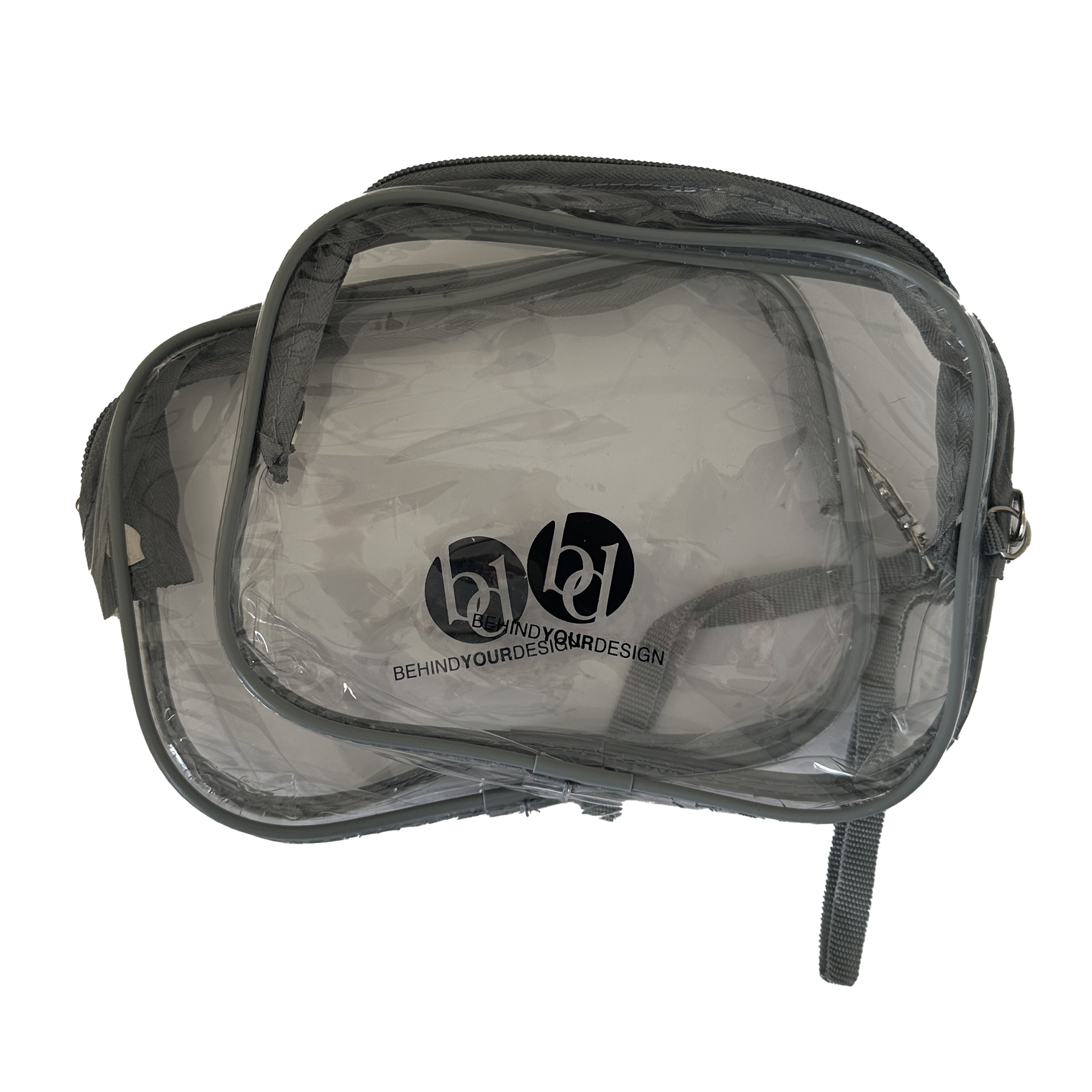 A clear plastic bag with a black logo on it