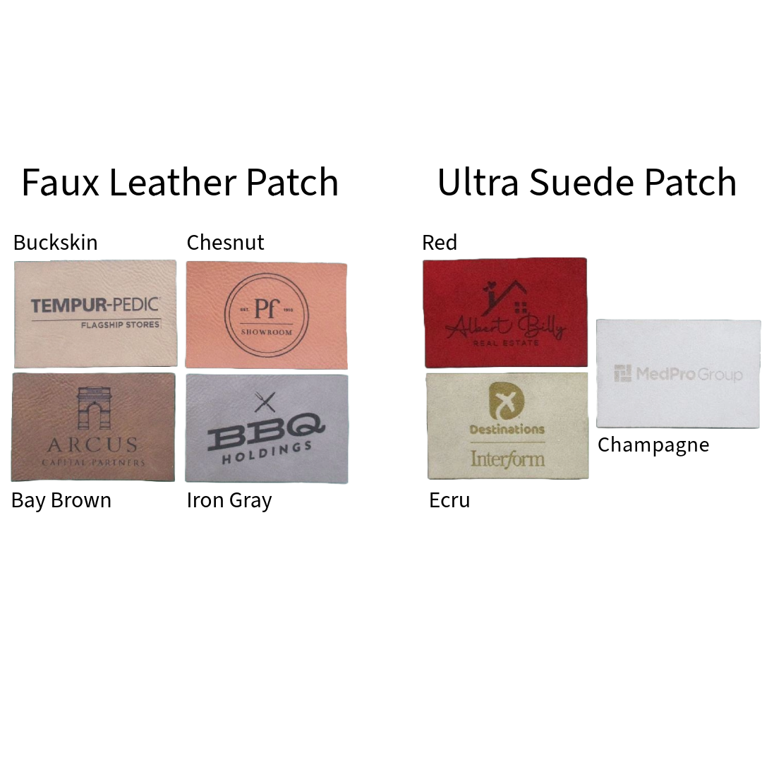 A picture of a faux leather patch and an ultra suede patch.