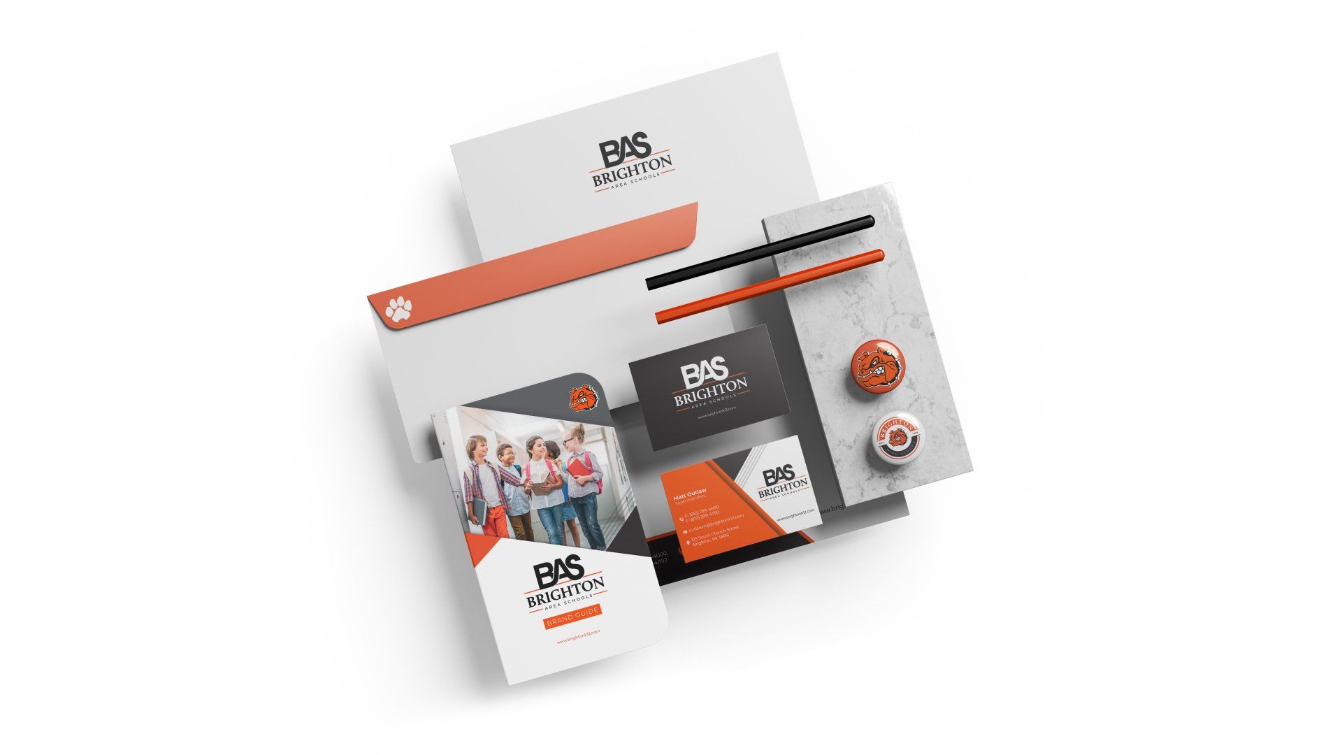 A mockup of a corporate identity with a picture of a group of people on a white background.