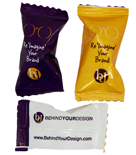 Three bags of candy with one that says re imagine your brand