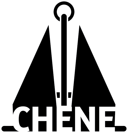 A black and white logo for chenel with a sailboat and an anchor.
