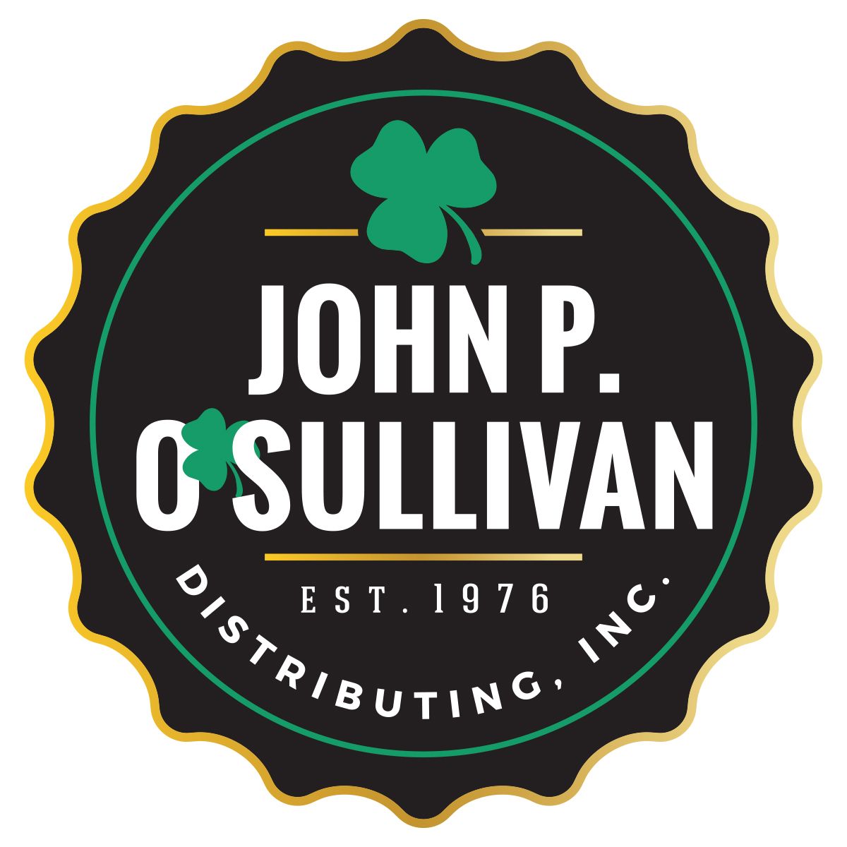 John p. o'sullivan distributing inc. logo with a clover on it