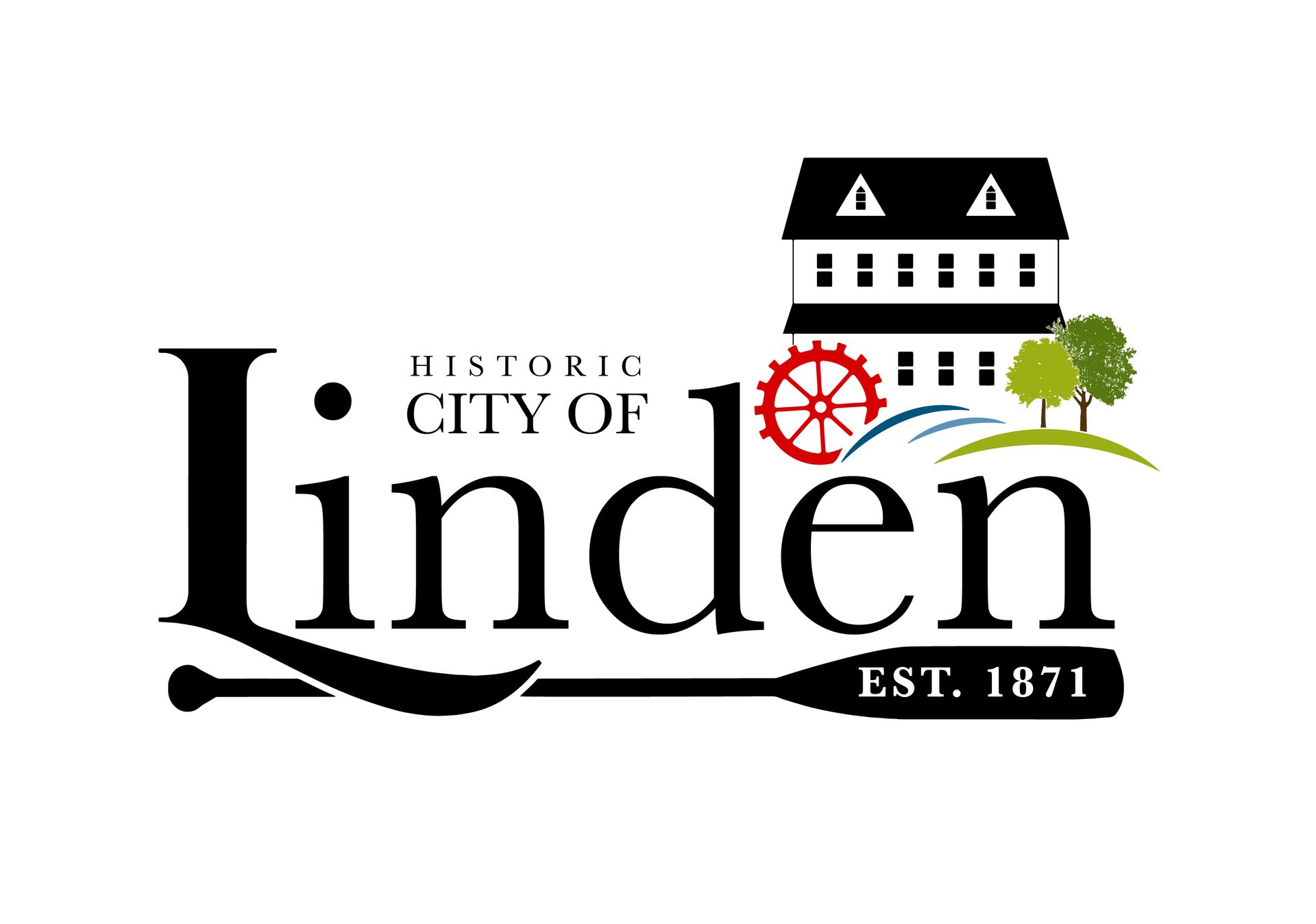 A logo for the city of linden with a house and a paddle.