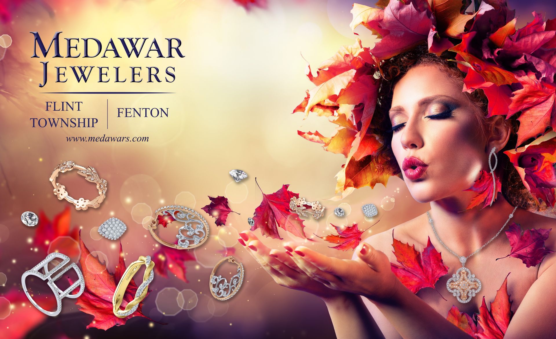 A woman wearing a necklace and earrings is blowing leaves in the air.