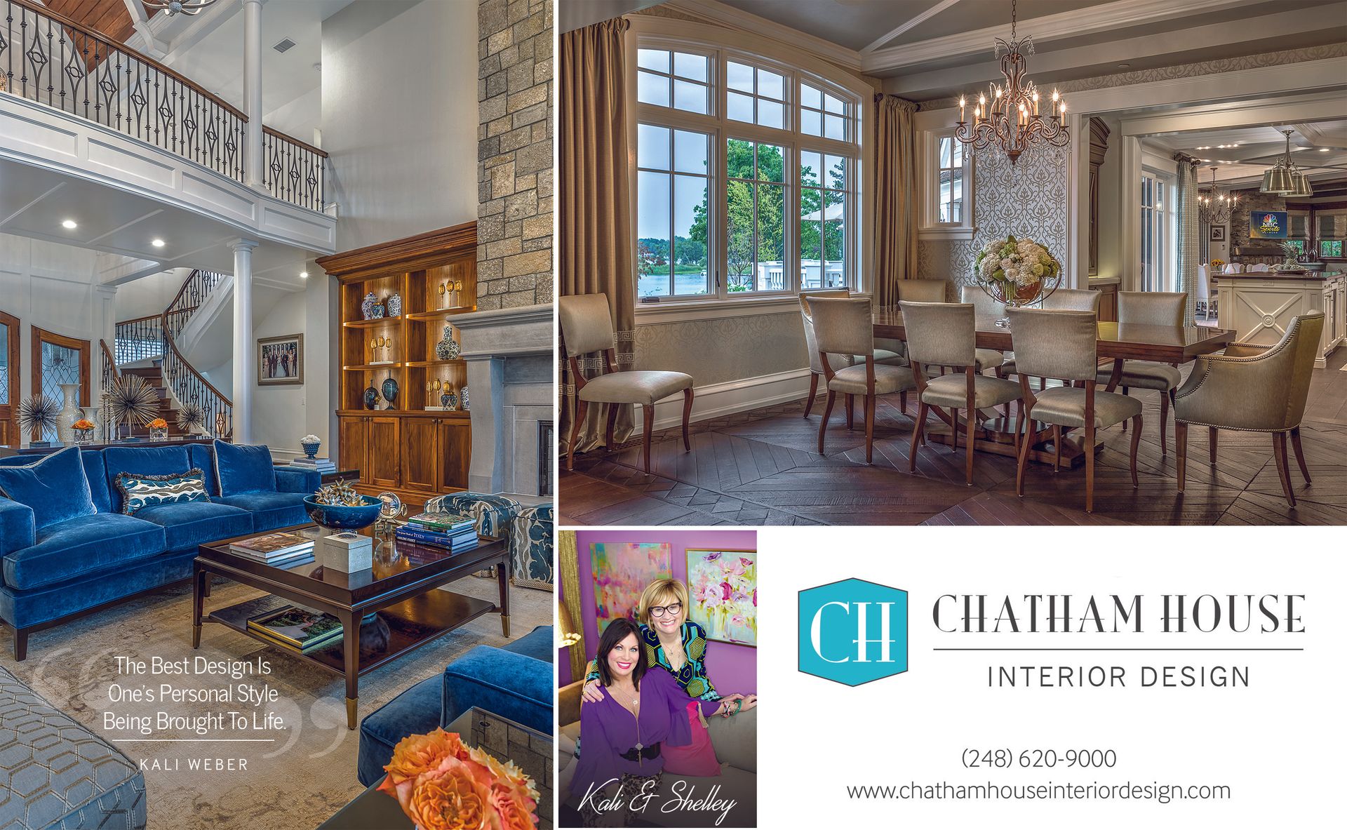 A collage of photos of a living room , dining room , and kitchen.