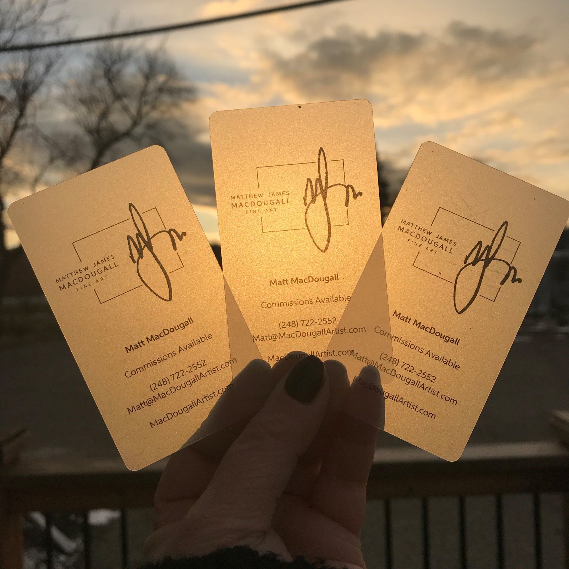 A person is holding three business cards in their hand