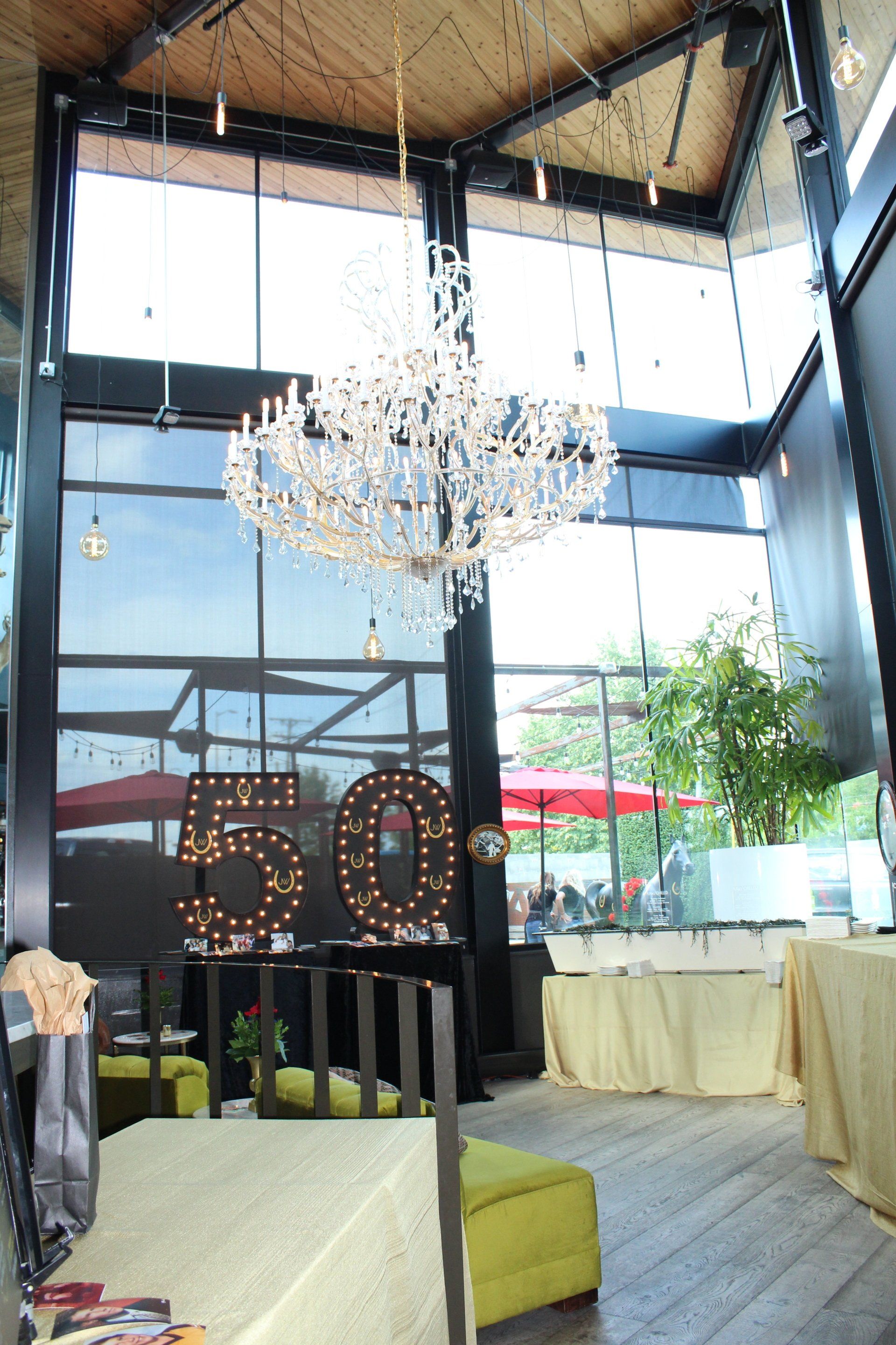 A large room with a sign that says 50 on it