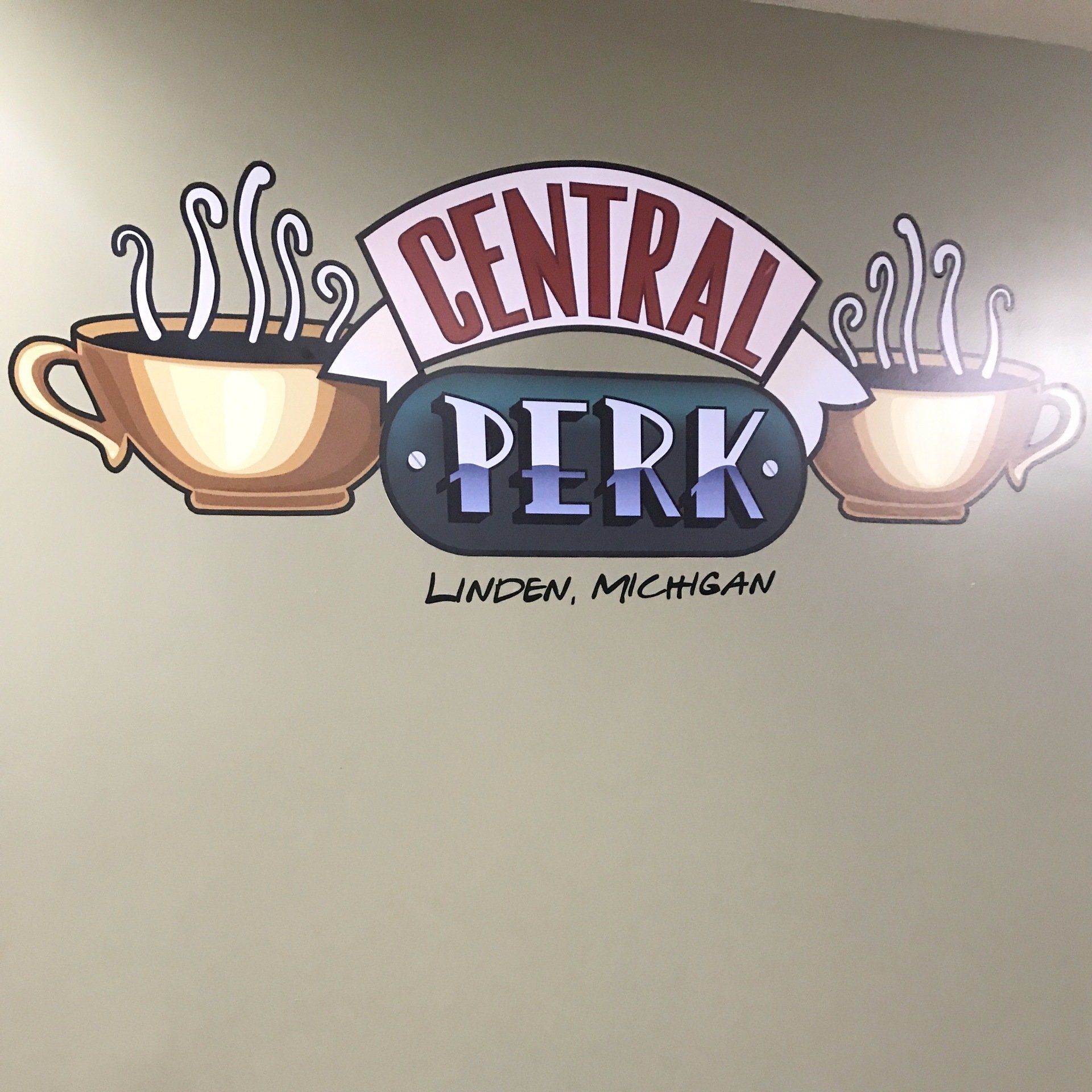 A drawing of two cups of coffee says central perk