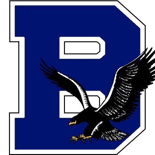 A black and white eagle is flying over a blue letter b.